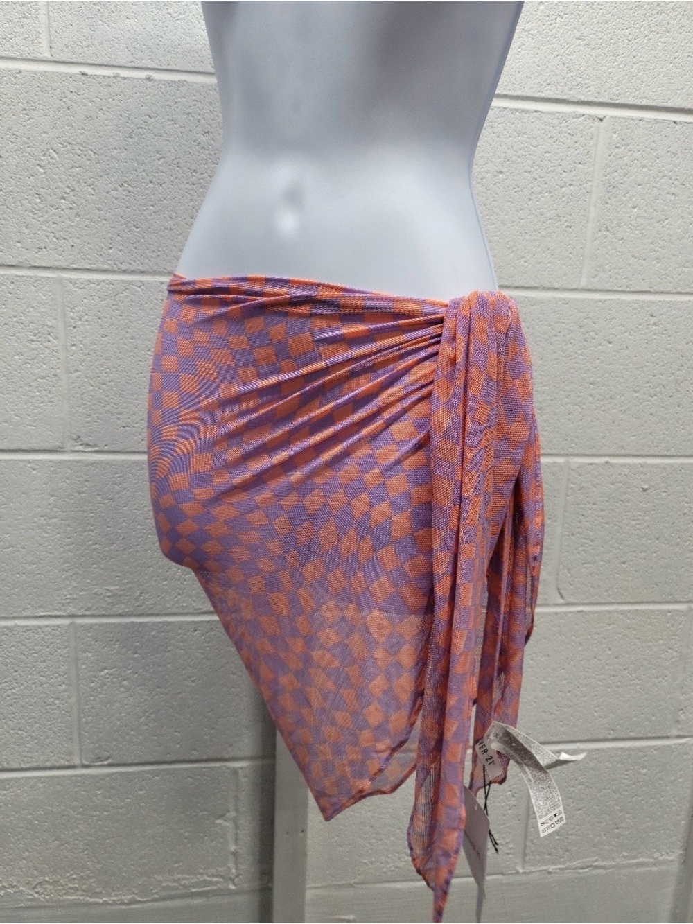 Forever 21 Checkered Y2K Swim Coverup Sarong Wrap Skirt Salmon Lavender OS